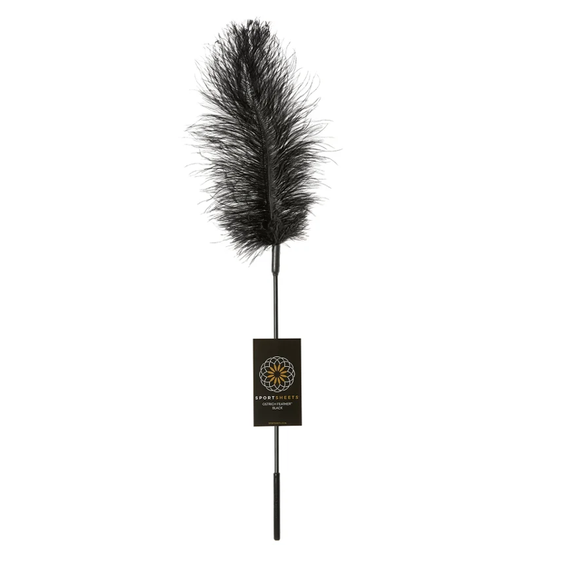 Black ostrich feather tickler wand with a 16-inch length.