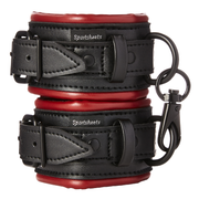 Black and red vegan leather wrist cuffs with adjustable straps and metal hardware.