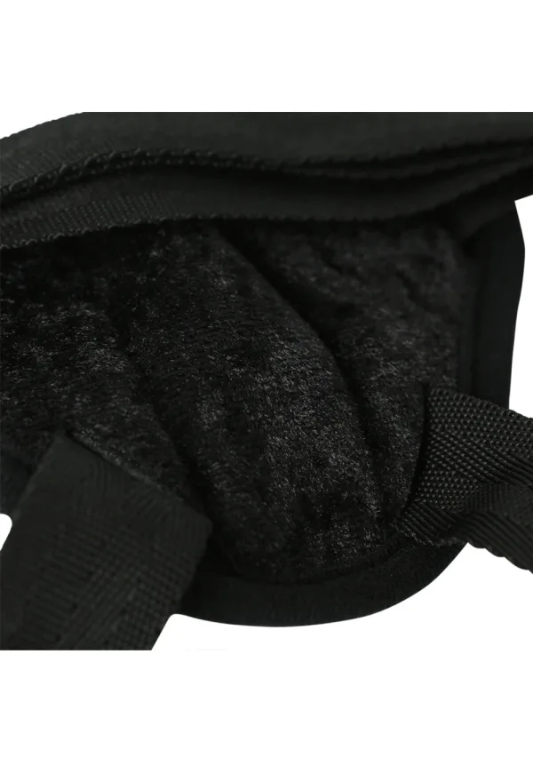 Black vibrating velvet strap-on harness with three O-rings.