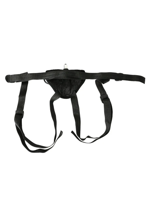 Black velvet strap-on harness with adjustable straps and three O-rings.