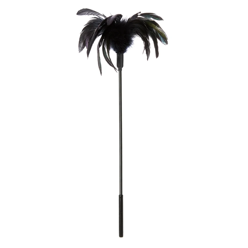 Black feather tickler wand with rooster feathers