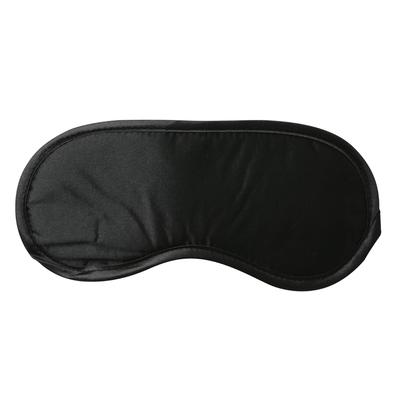 Black satin blindfold with an elastic strap.
