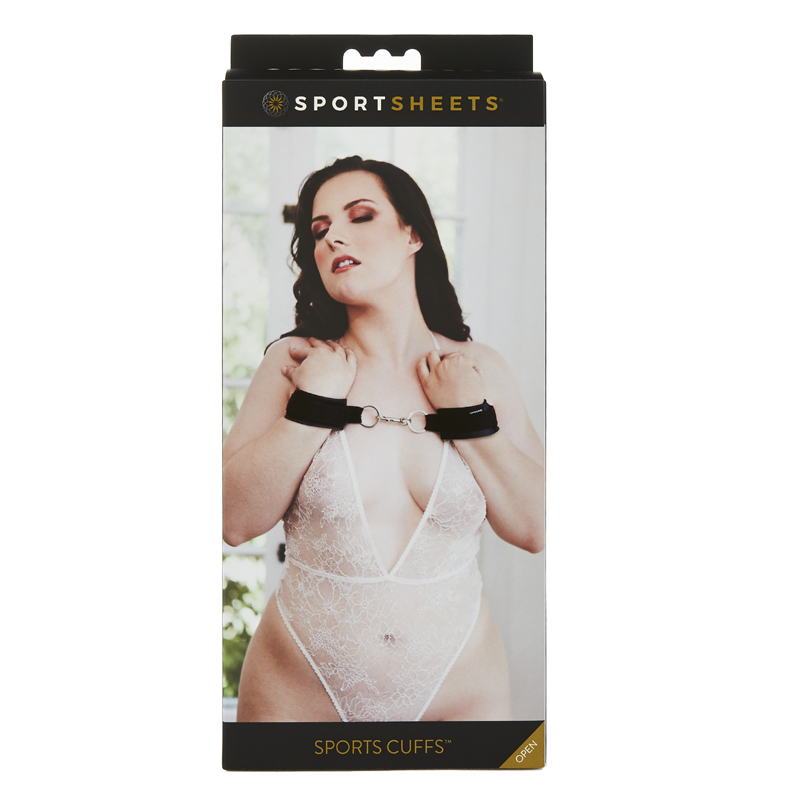 Black adjustable neoprene bondage cuffs with metal rings.