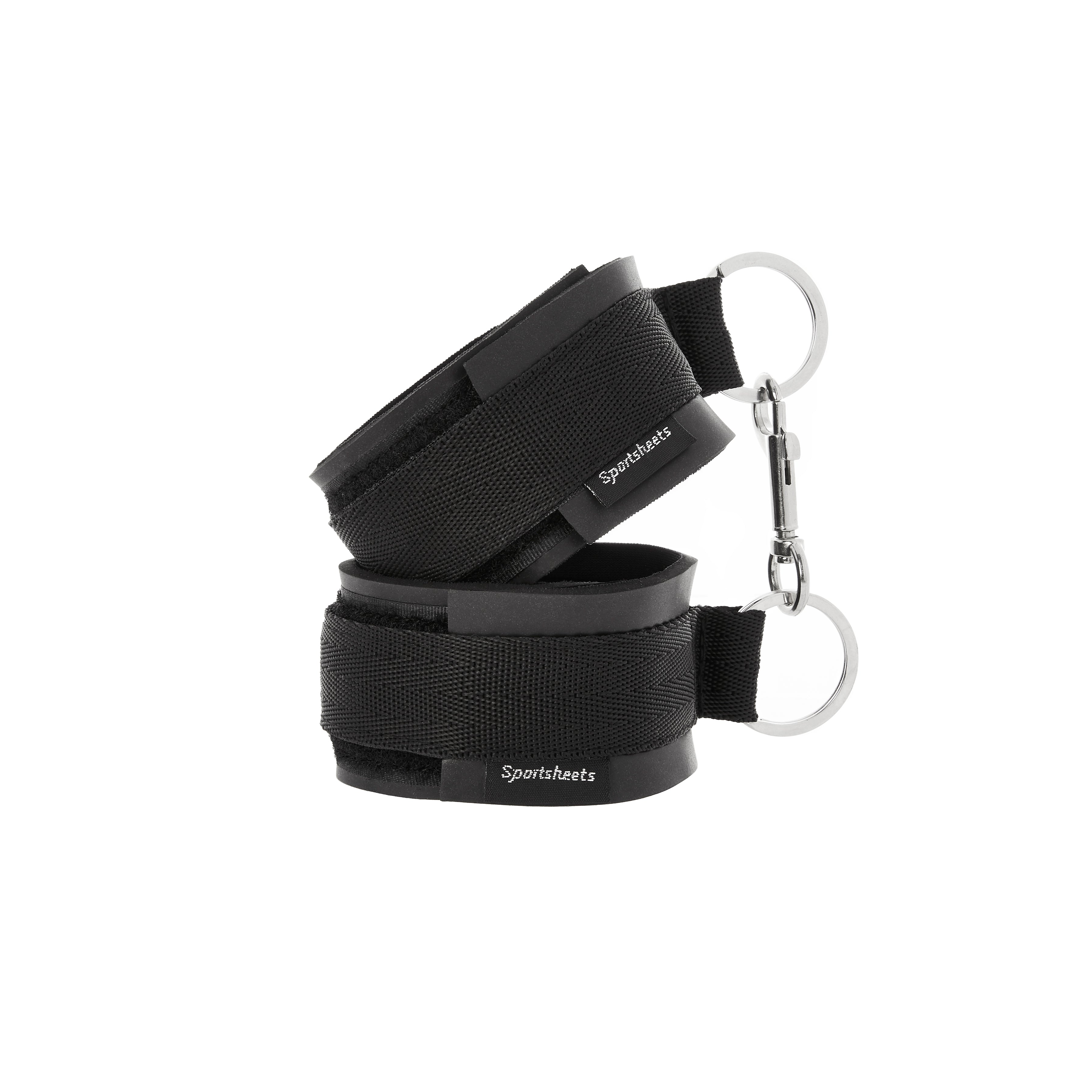 Black adjustable neoprene bondage cuffs with metal rings and carabiner.