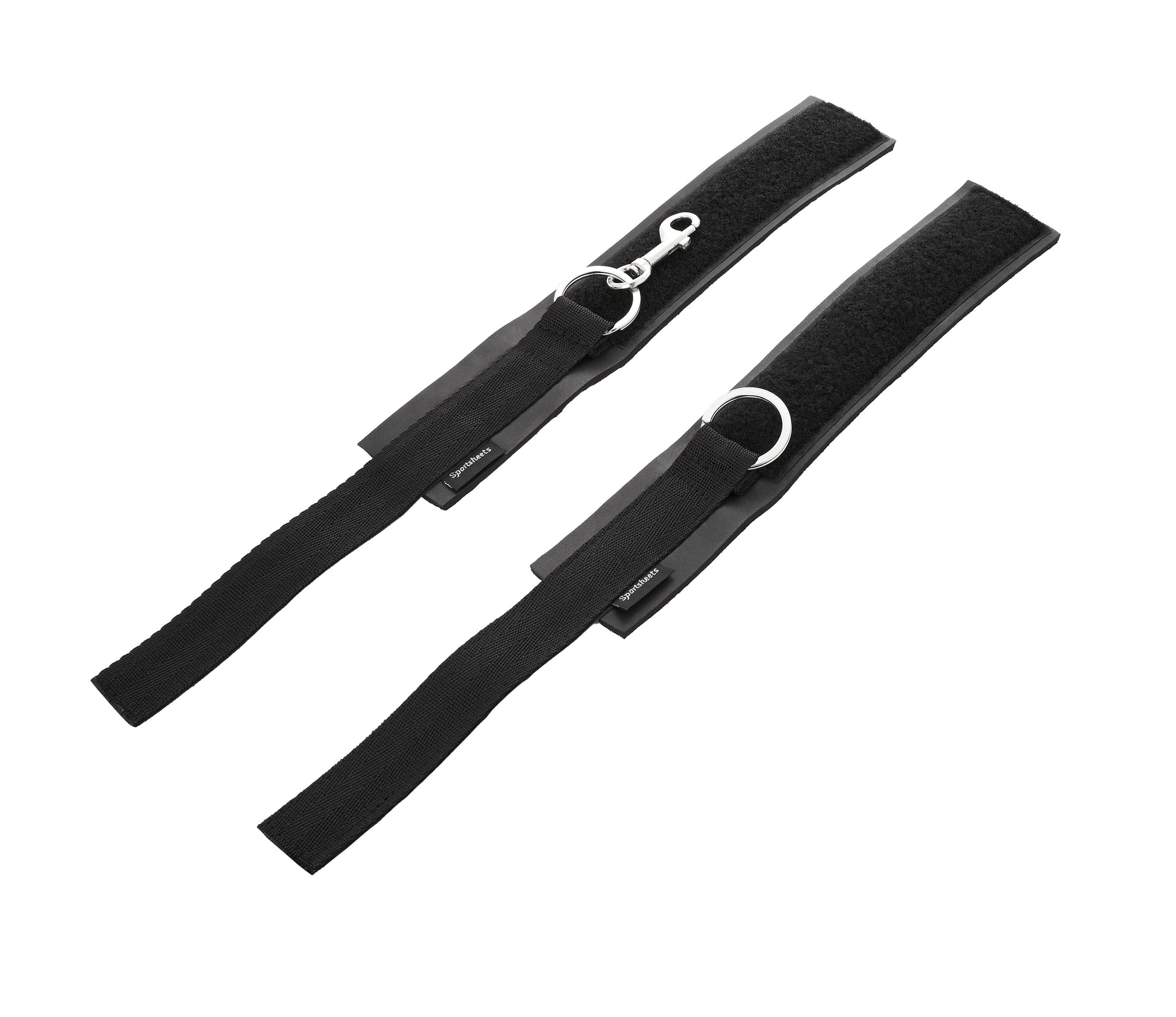 Black adjustable neoprene bondage cuffs with metal rings and clasps.
