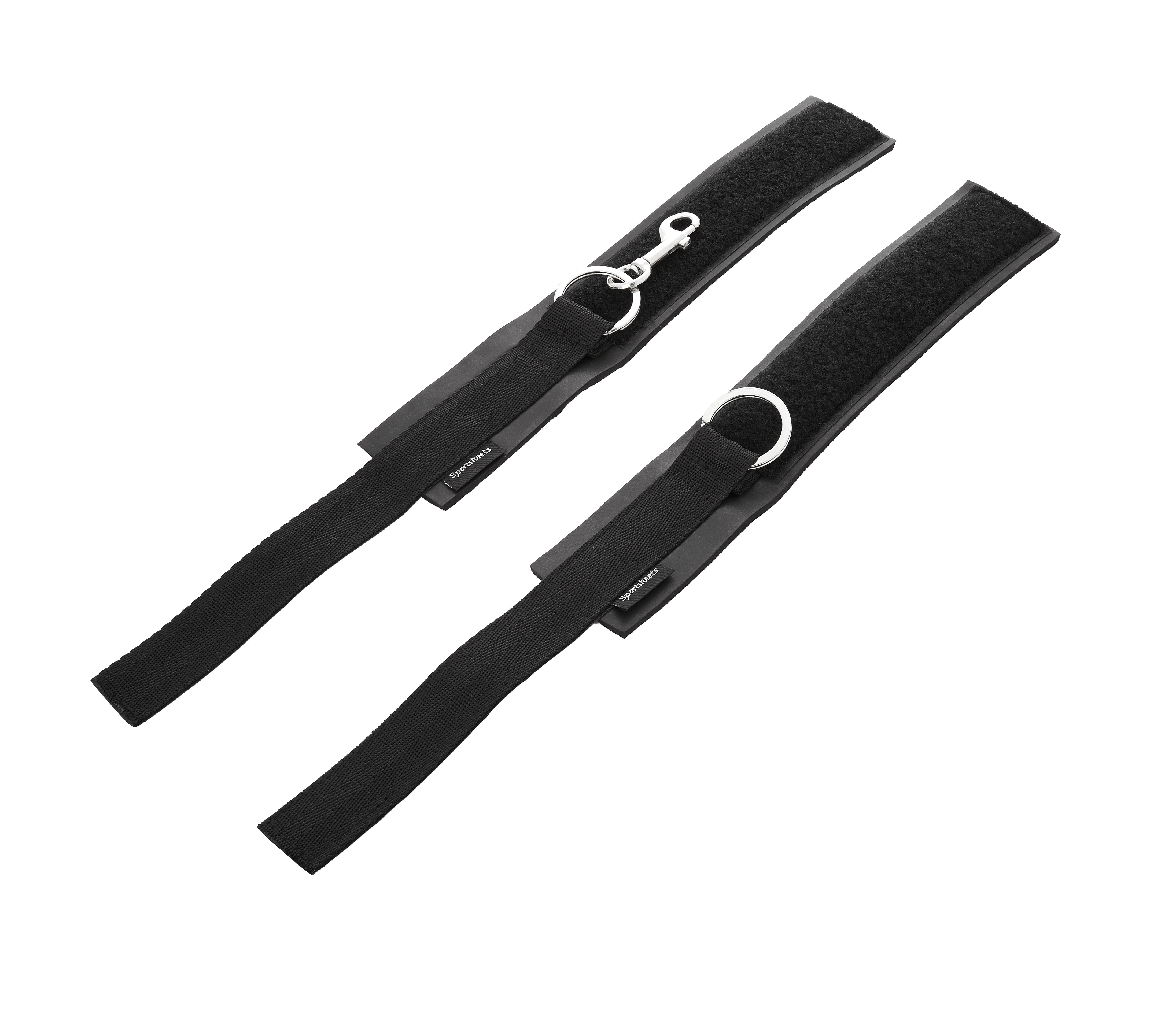 Black adjustable neoprene bondage cuffs with metal rings and clasps.