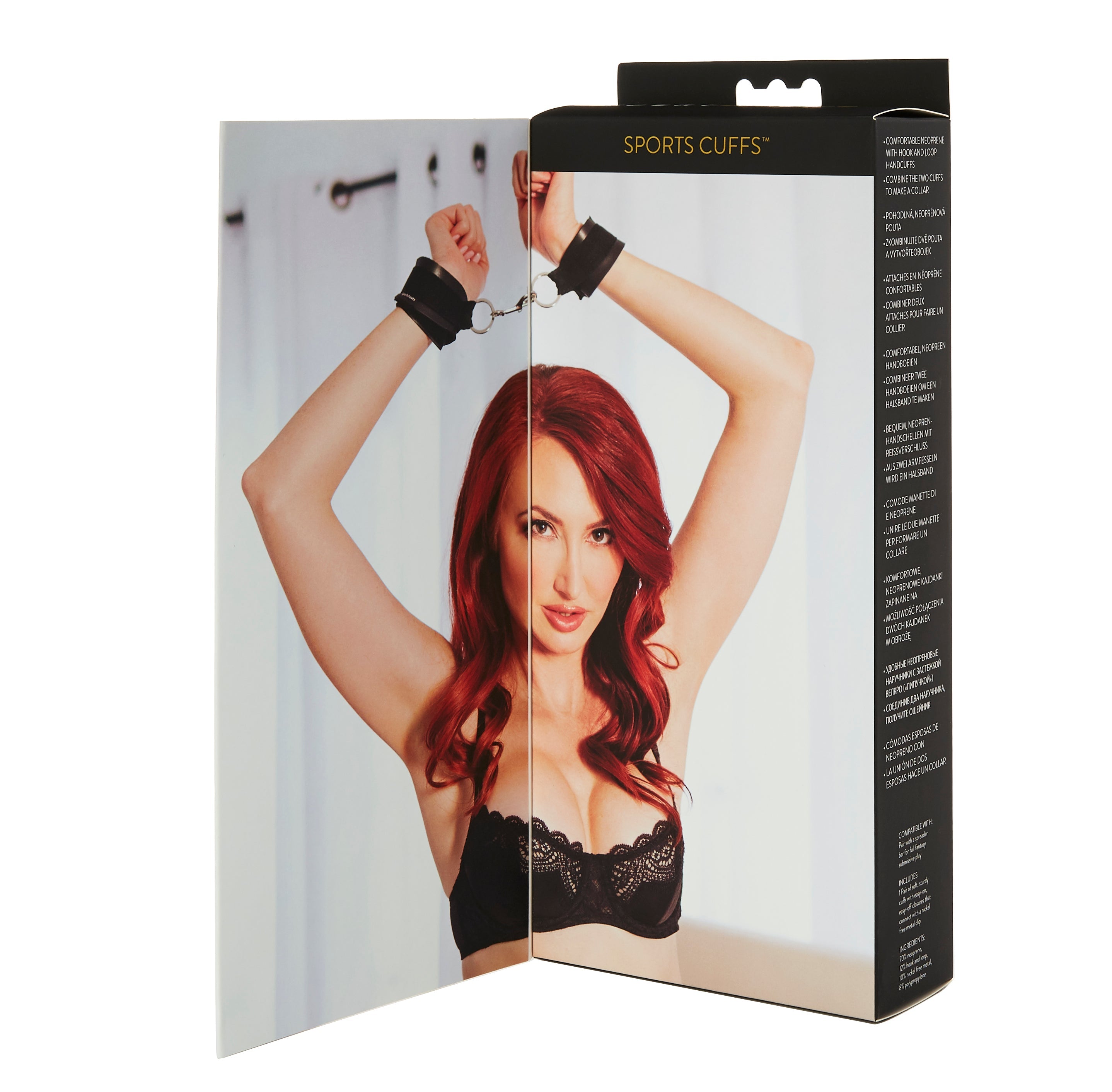 Adjustable black neoprene bondage cuffs with metal clasps.