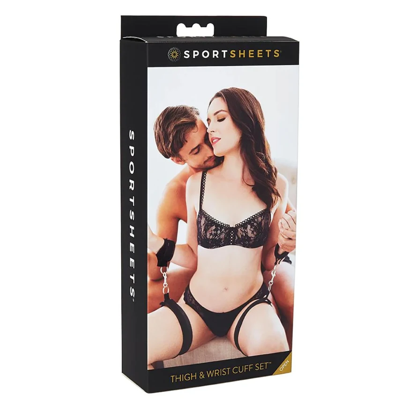 Sportsheets adjustable black neoprene thigh and wrist cuff set.