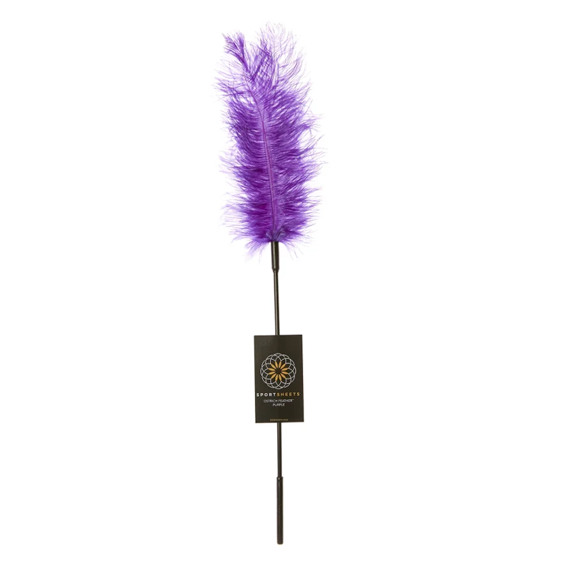 Purple ostrich feather tickler wand with a black handle.