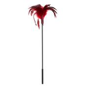 Red feather tickler wand with a 16-inch handle.