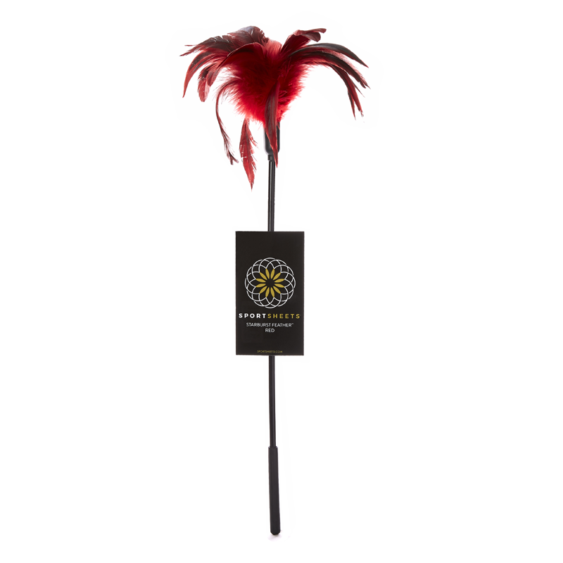 Red feather tickler wand with a black handle and a product tag.