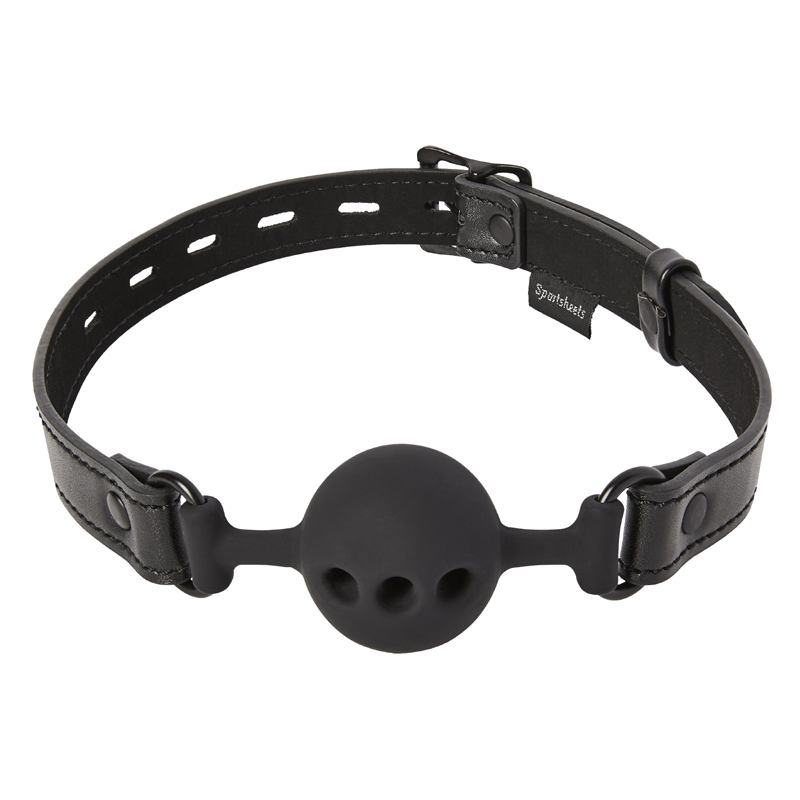 Black silicone ball gag with a leather strap and locking buckle.