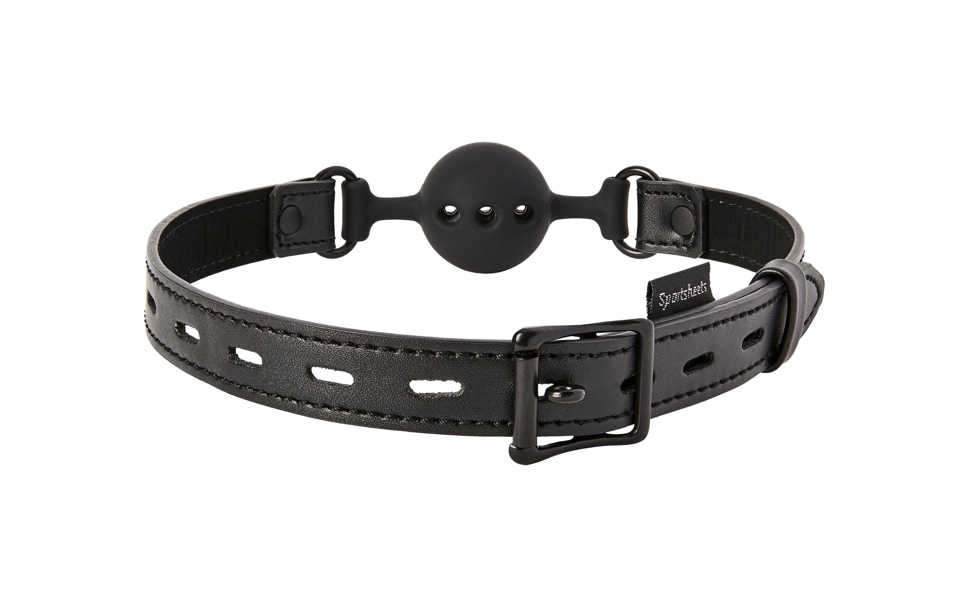 Black leather ball gag with a breathable silicone ball and locking buckle.