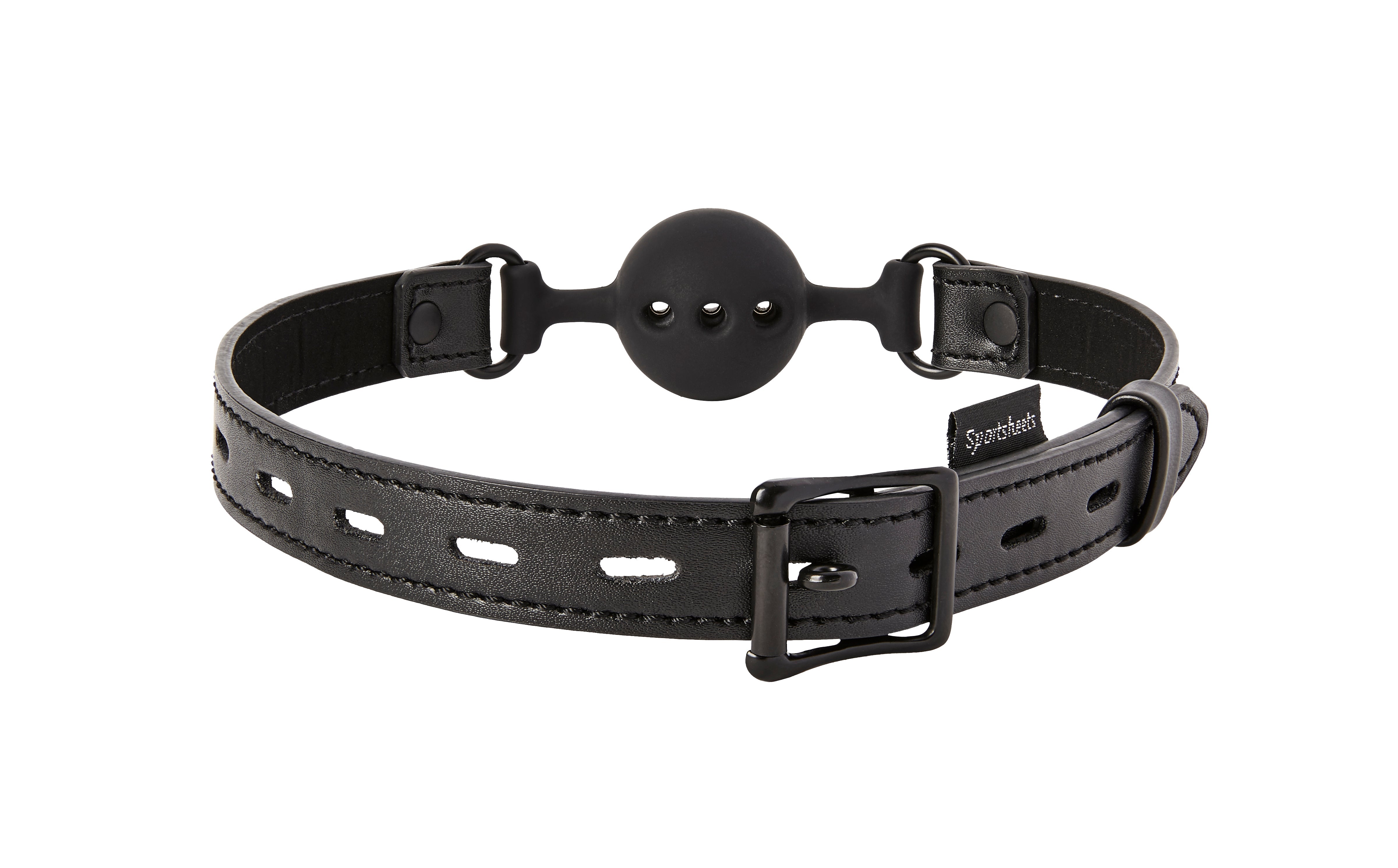 Black leather ball gag with a breathable silicone ball and locking buckle.