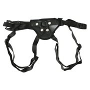 Black adjustable strap-on harness with O-ring.