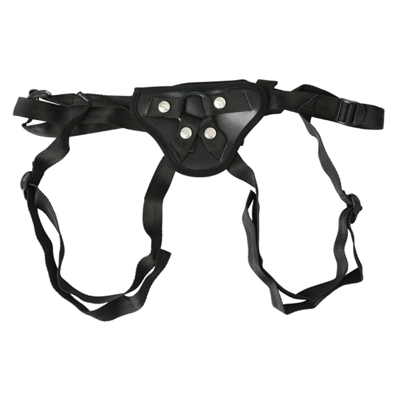 Black adjustable strap-on harness with O-ring.