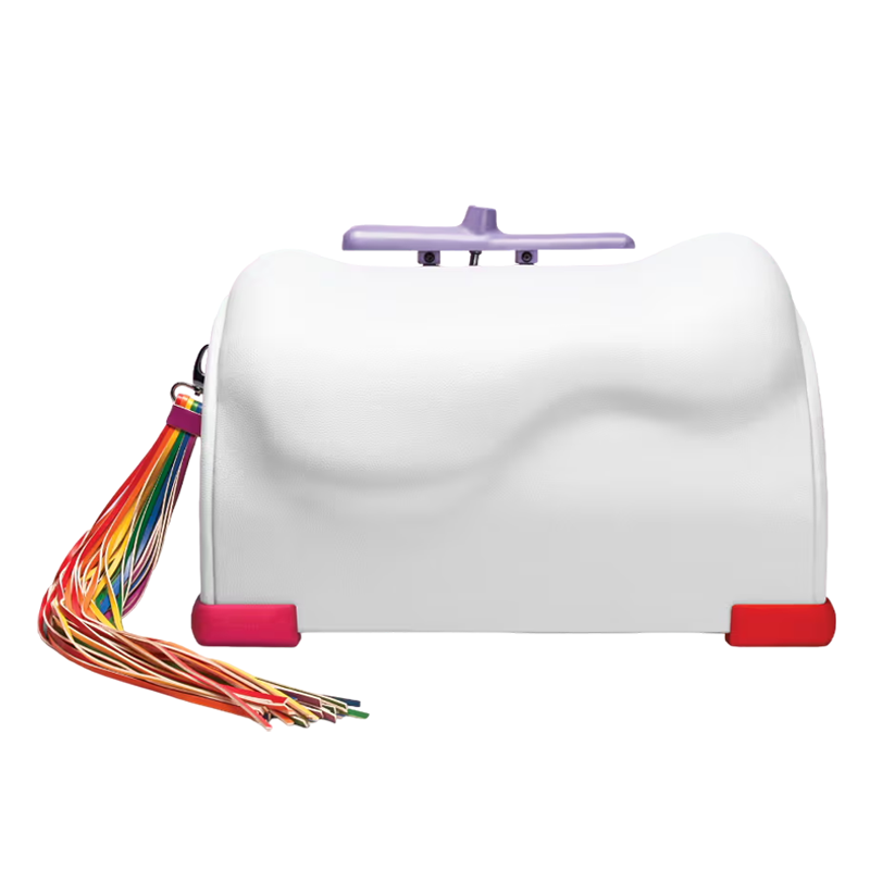 White riding sex machine with rainbow tassel and purple handle.
