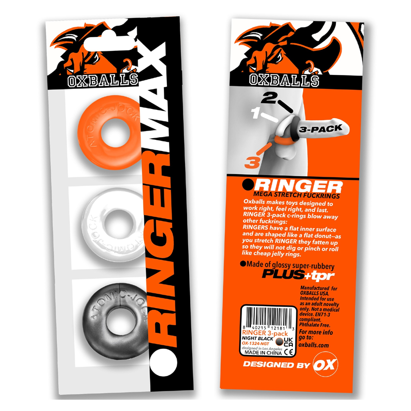 Oxballs Ringer Max 3-pack of stretchy cock rings in orange, white, and black.