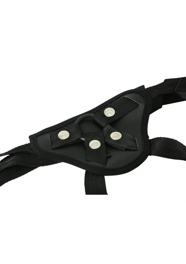 Black adjustable strap-on harness with an O-ring.