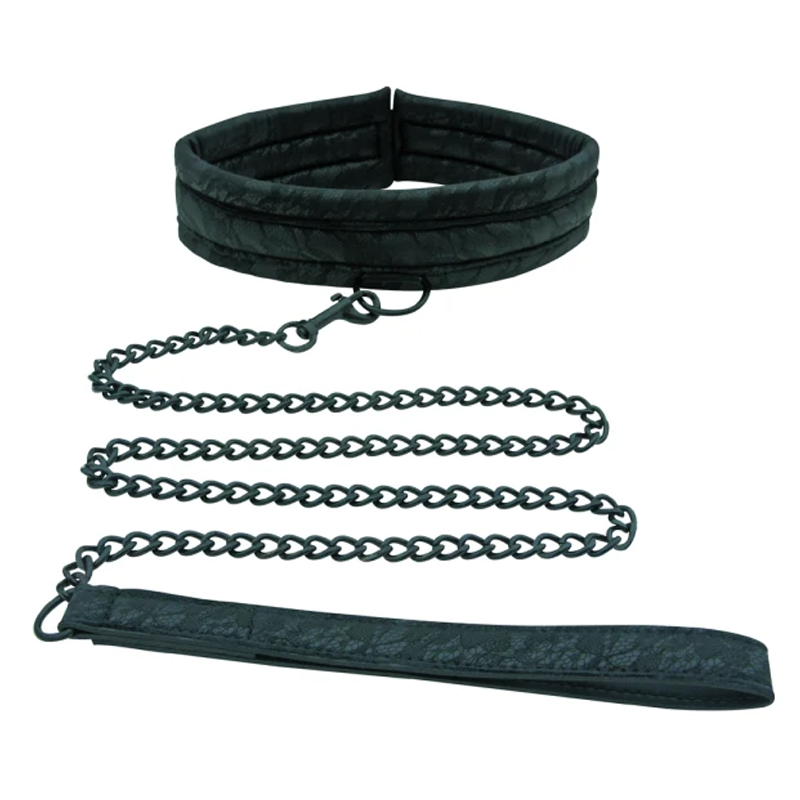 Black padded collar and leash set with lace detailing.