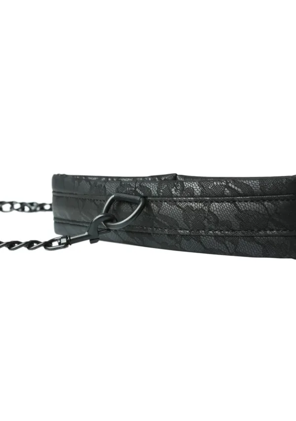 Black lace collar and leash set with padded lining and metal hardware.
