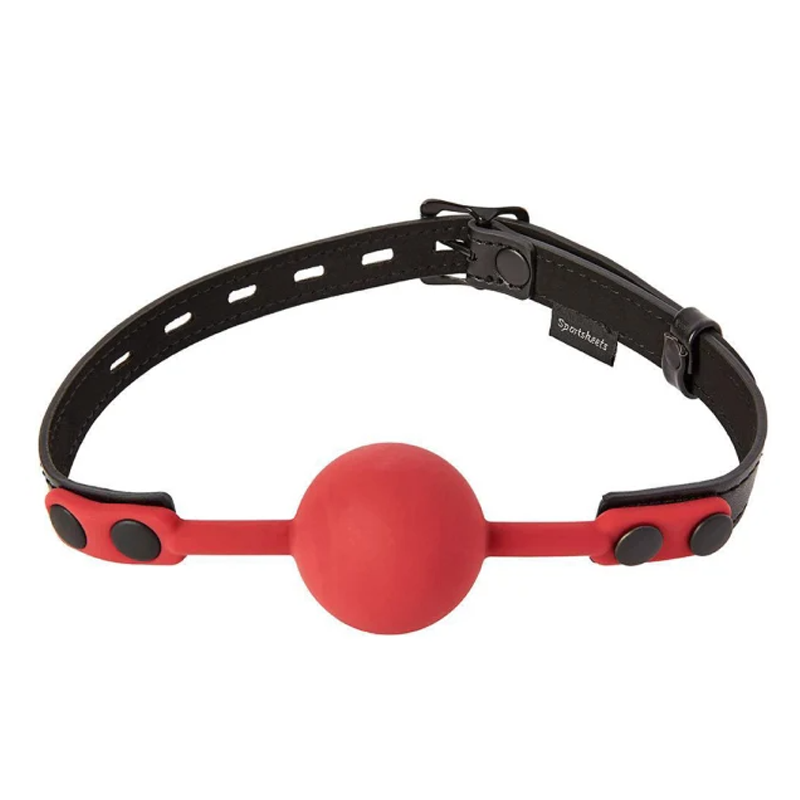 Silicone ball gag with a black leather strap and silver buckle.
