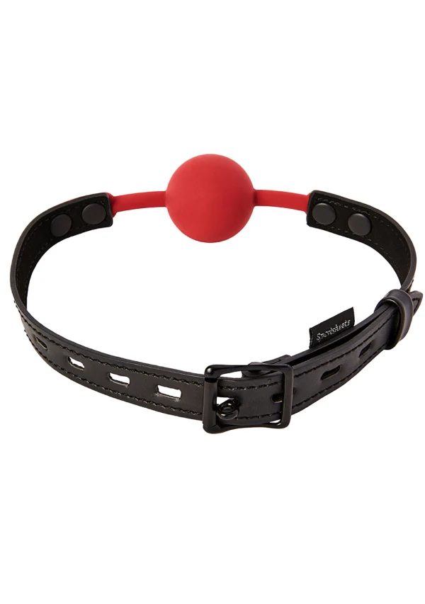 Silicone ball gag with a black leather strap and buckle.