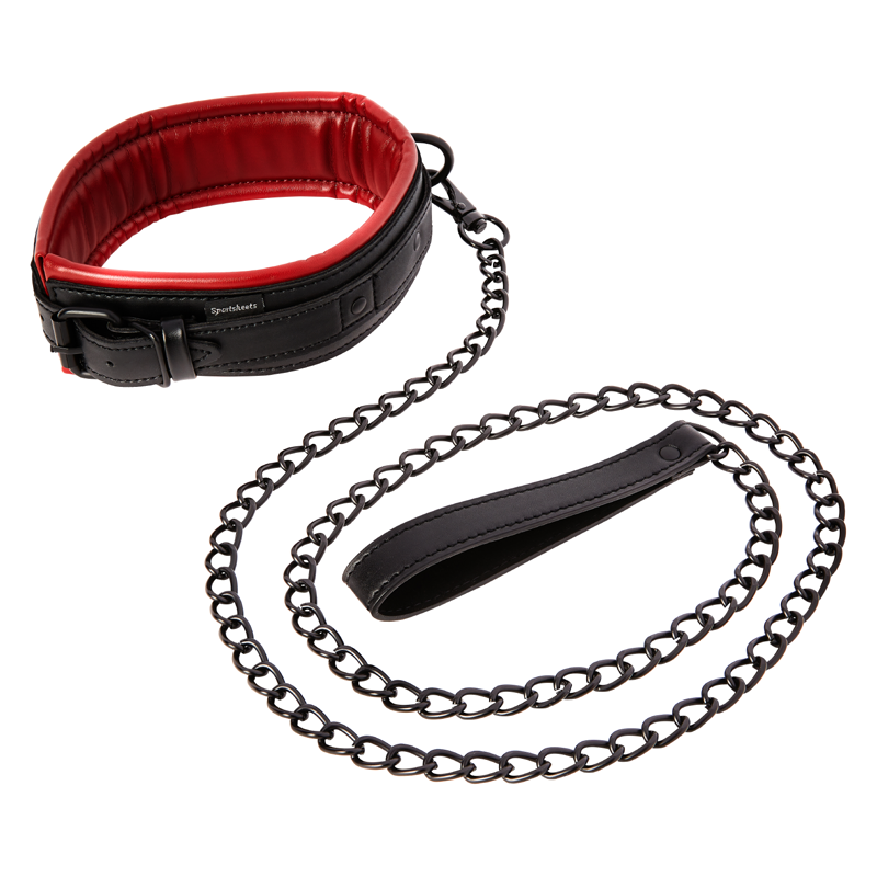 Vegan leather collar and leash set in red and black.