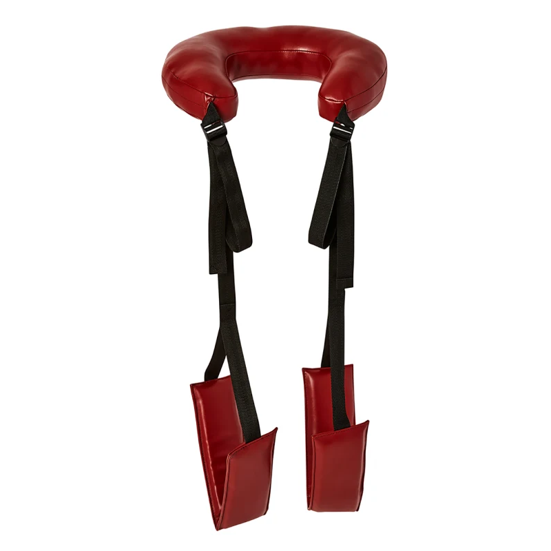 Red leather thigh sling with padded leg rests and black straps.