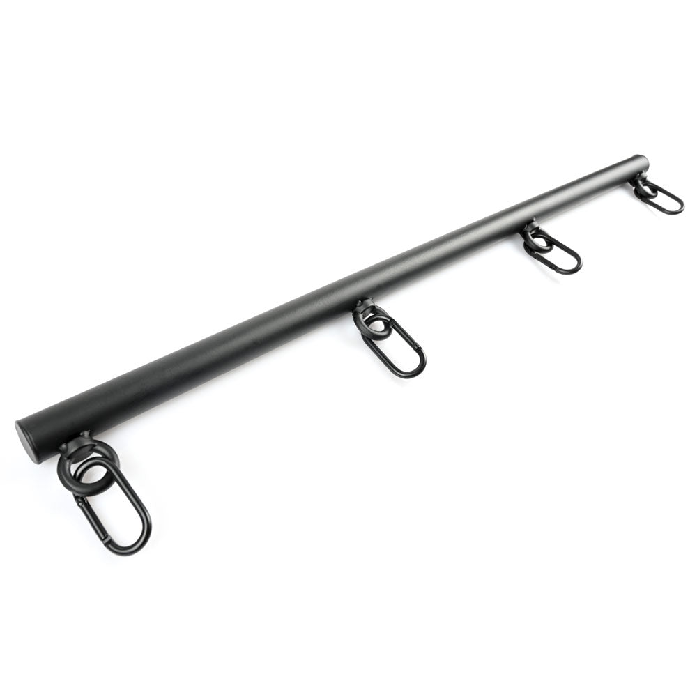 Black metal spreader bar with four attached rings and carabiners.