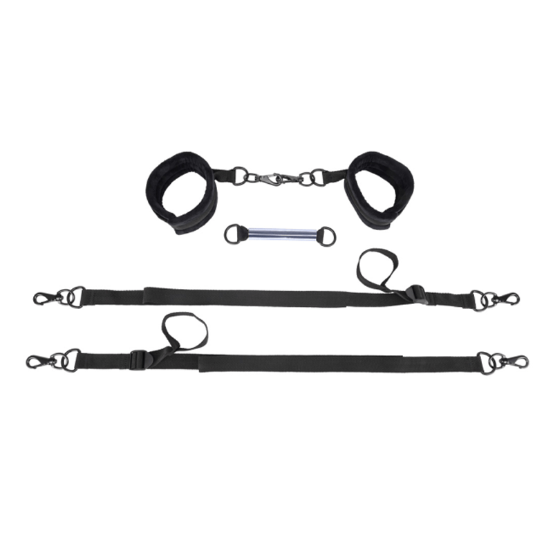 Black adjustable tethers and cuffs with a pivot connection.