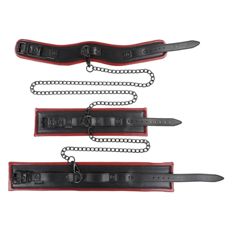Black and red PU leather restraint set with chains.