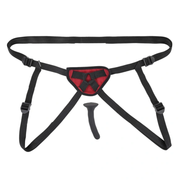 Adjustable harness with a curved silicone dildo.