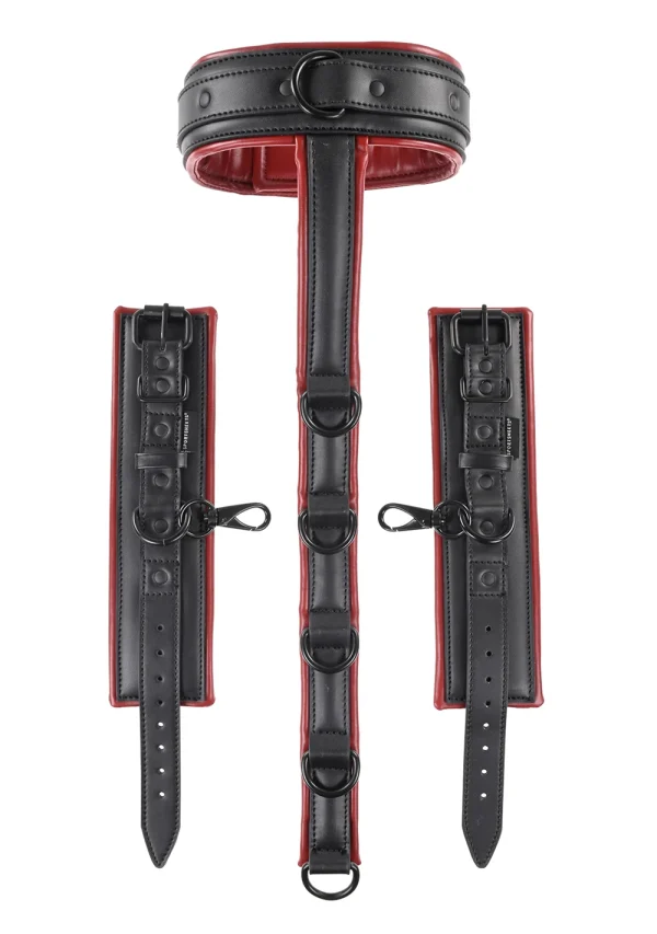 Black and red faux leather neck and wrist restraints with metal hardware.