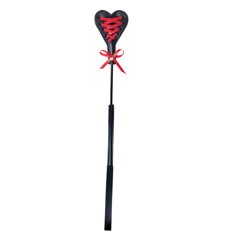 Black spanking crop with a heart-shaped head featuring red lacing and a red bow.