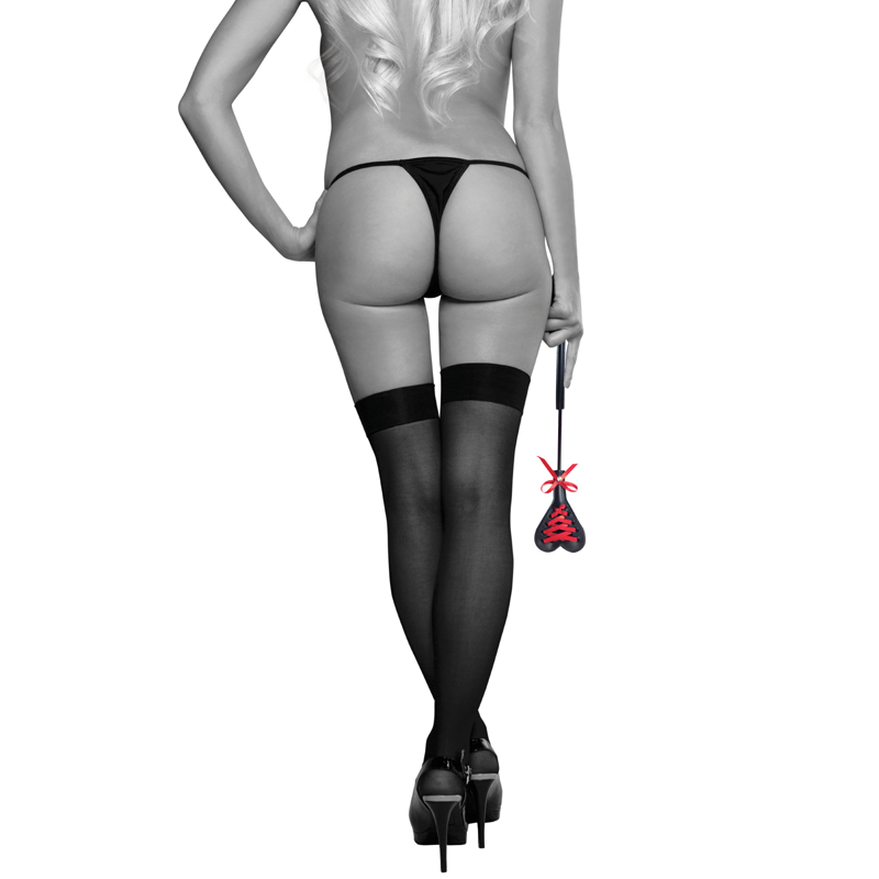 Black and red heart-shaped spanking crop with red lacing.