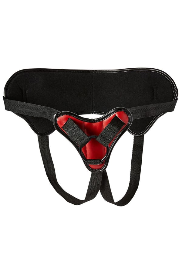 Saffron PU leather harness with adjustable straps and red interior.