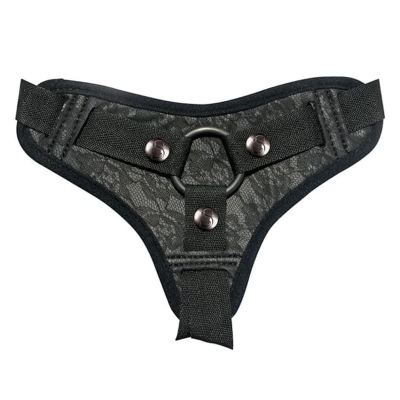 Black lace harness with adjustable straps and an O-ring.