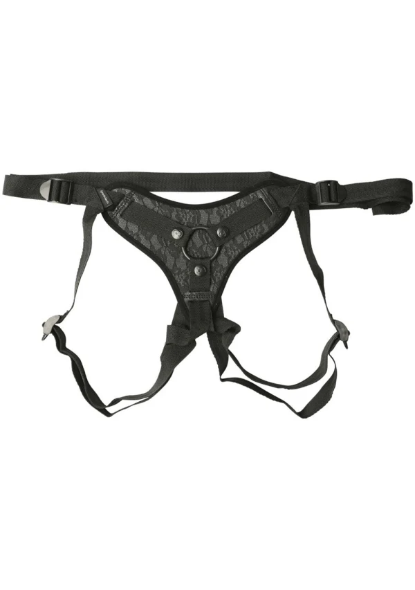 Black lace strap-on harness with adjustable straps and O-ring.
