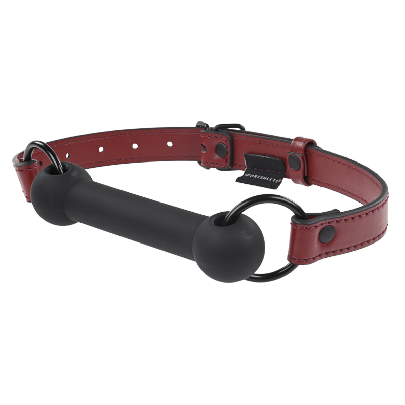Silicone bit gag with adjustable vegan leather strap.