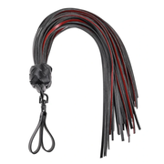 Black and red vegan leather finger flogger with a braided handle and wrist loop.