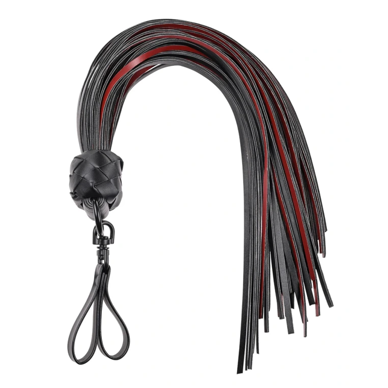 Black and red vegan leather finger flogger with a braided handle and wrist loop.