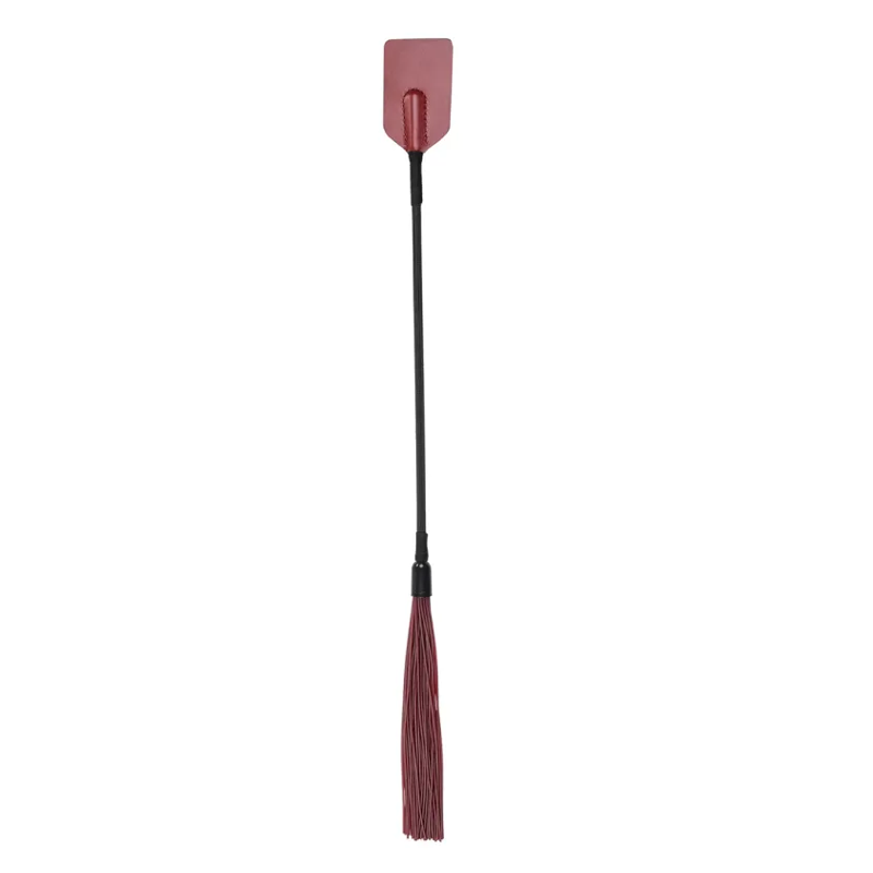 Red faux leather crop with a black handle and red tassel.