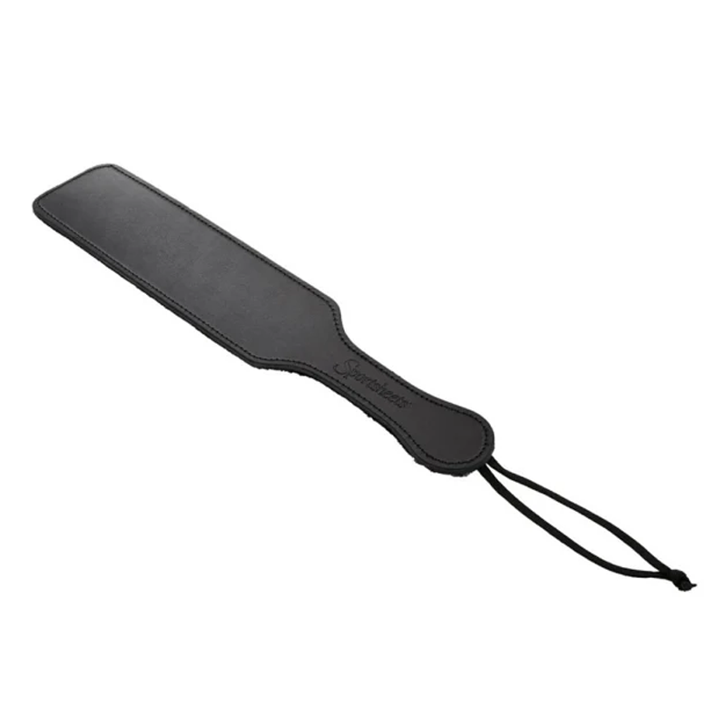 Black leather paddle with a wrist strap.