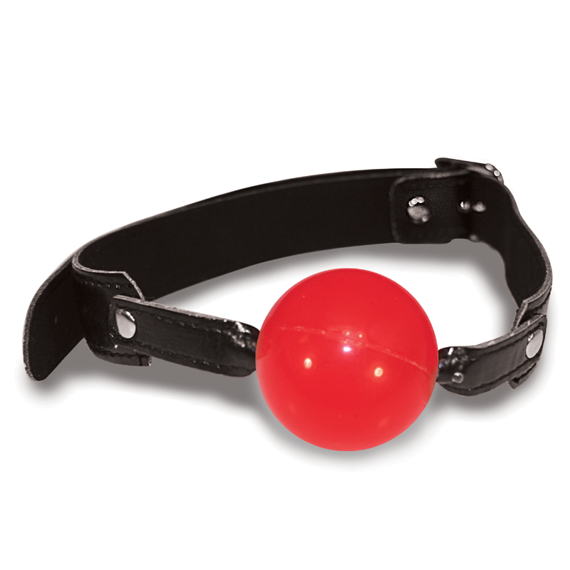 Red soft rubber ball gag with an adjustable black strap.