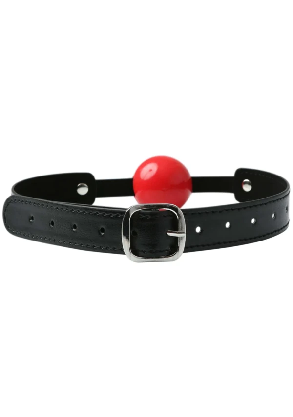 Red soft rubber ball gag with an adjustable black strap and silver buckle.