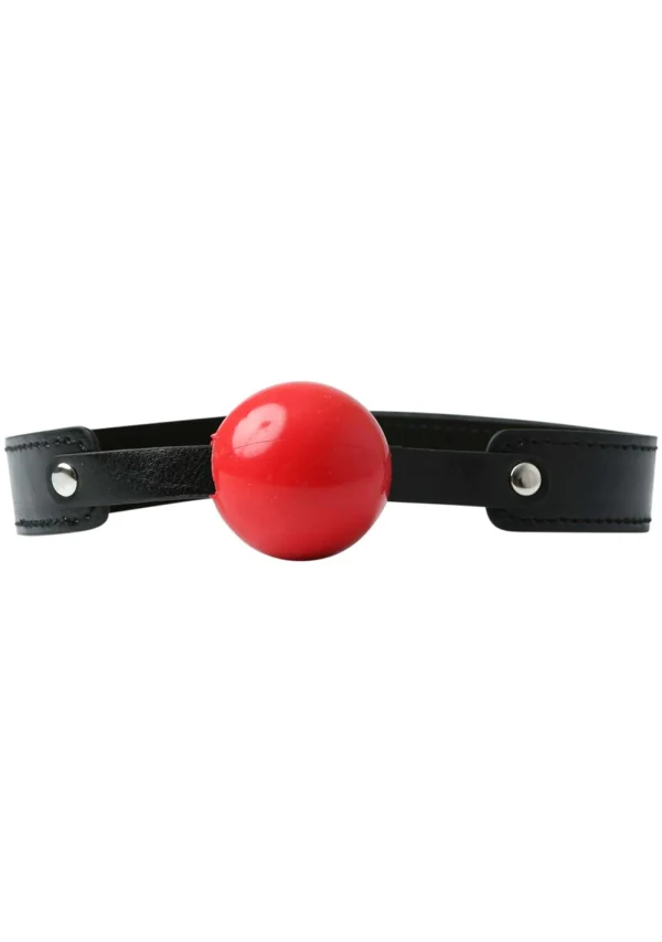 Red soft rubber ball gag with an adjustable black strap.