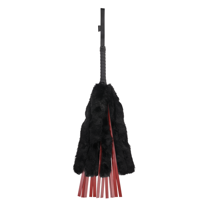 Black faux fur and leather flogger with a braided handle.
