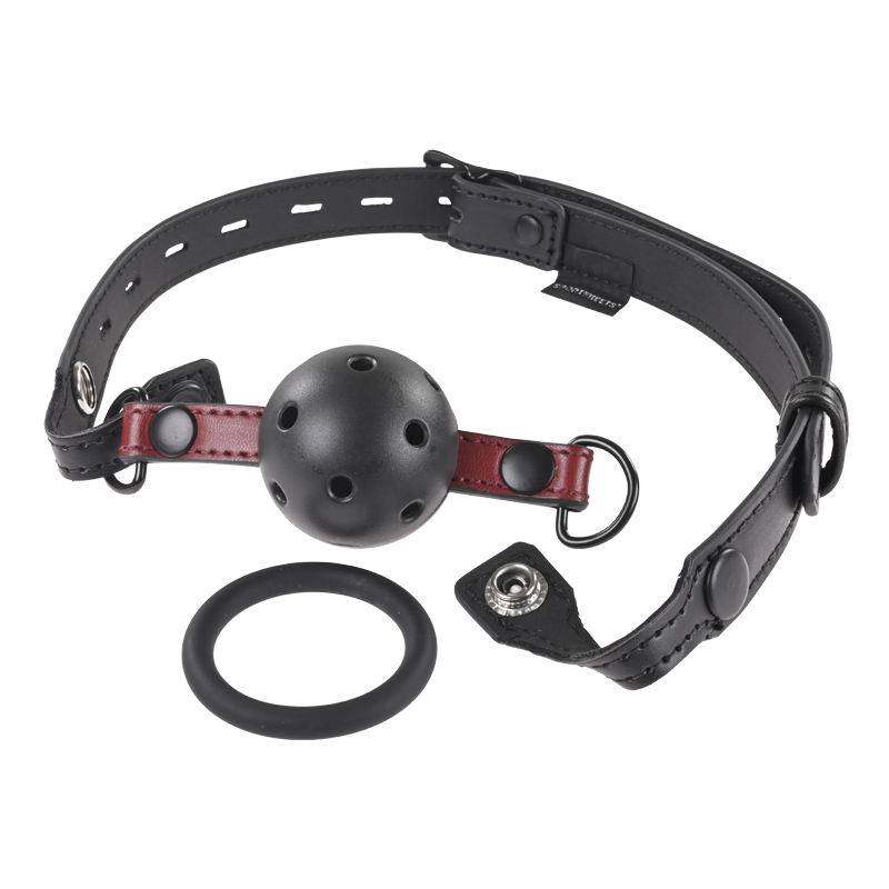 Black ball gag with red accents and vegan leather strap.