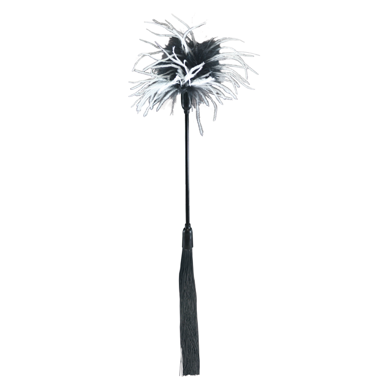Black and white feather tickler with a black tassel and handle.